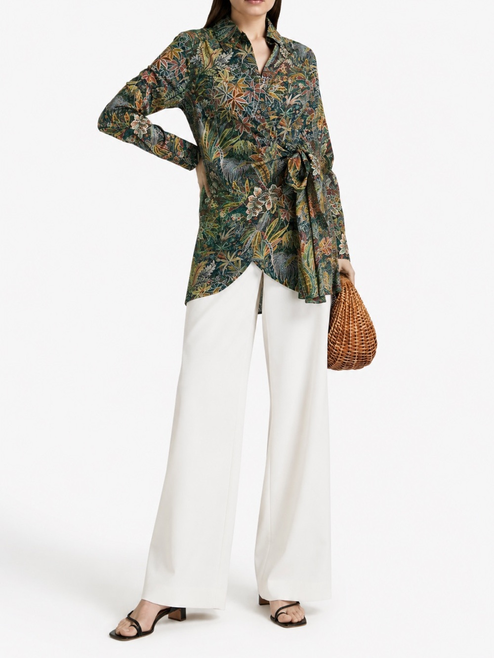 Onia Liberty Print Fabric Cotton Wrap top Green Navy Botanical Blouse M tunic